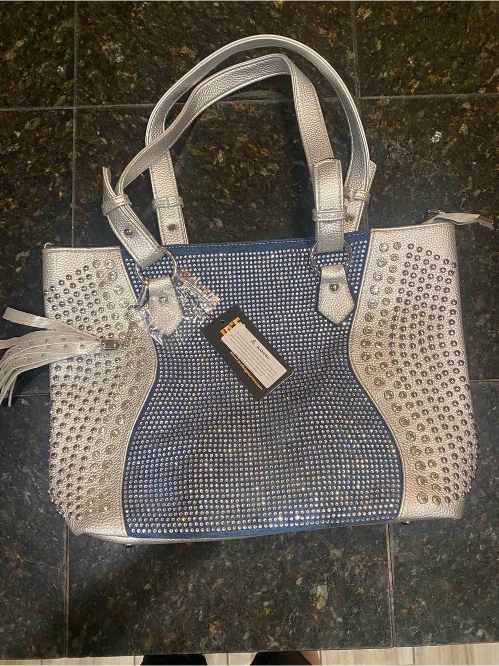 Silver and Navy Rhinestone Tote Bag - Sparkle Shoulder Handbag